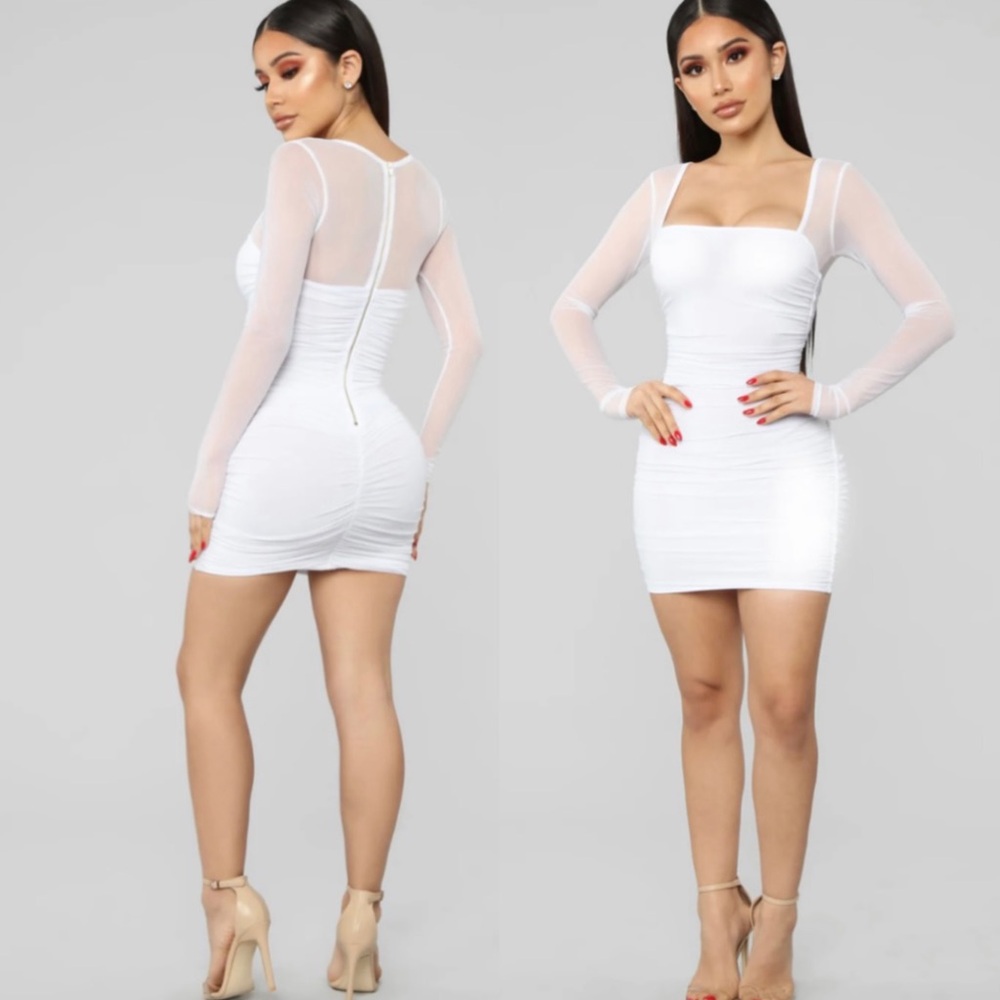 🔥Fashion Nova White Mesh Ruched Bodycon Mini Dress Size M